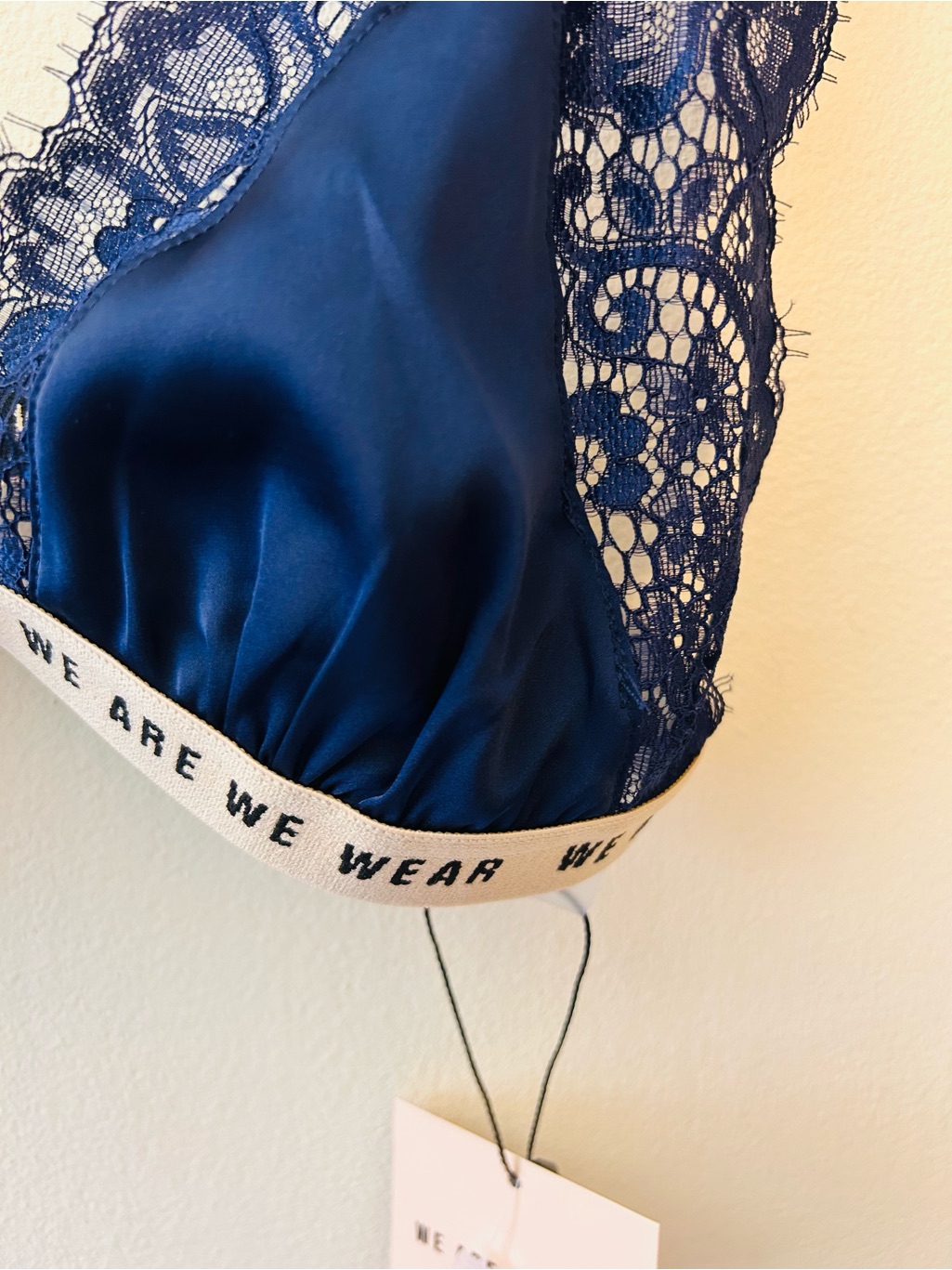 We Are We Wear Navy Satin Lace Trimmed Triangle Bralette Size Medium — image 3 of 8